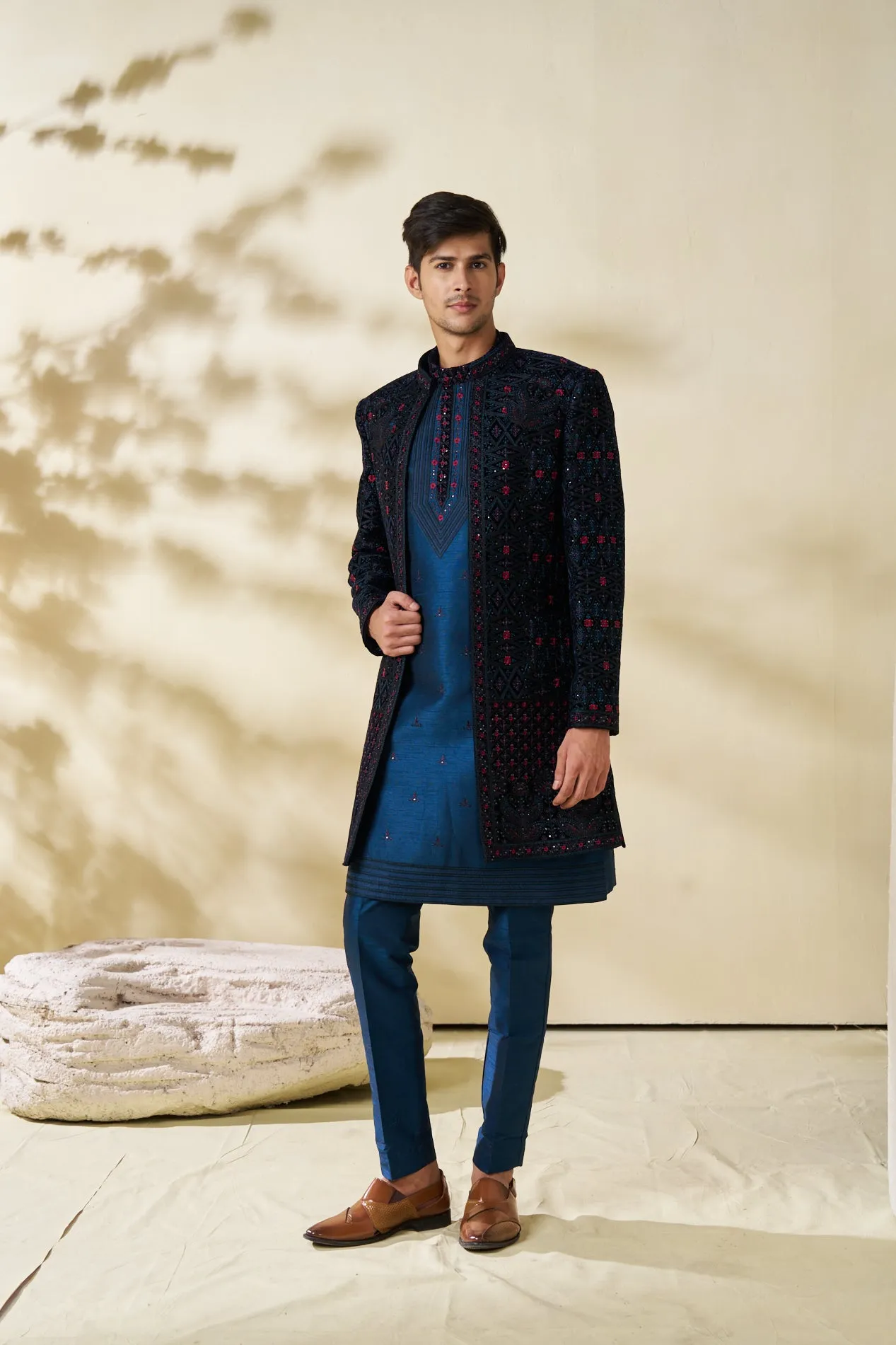Black Long Jacket with Geometric Embroidery