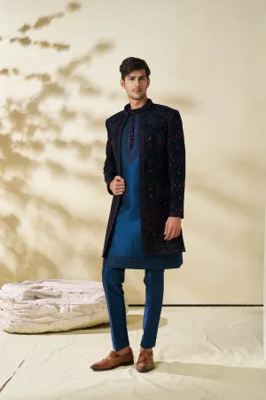 Black Long Jacket with Geometric Embroidery