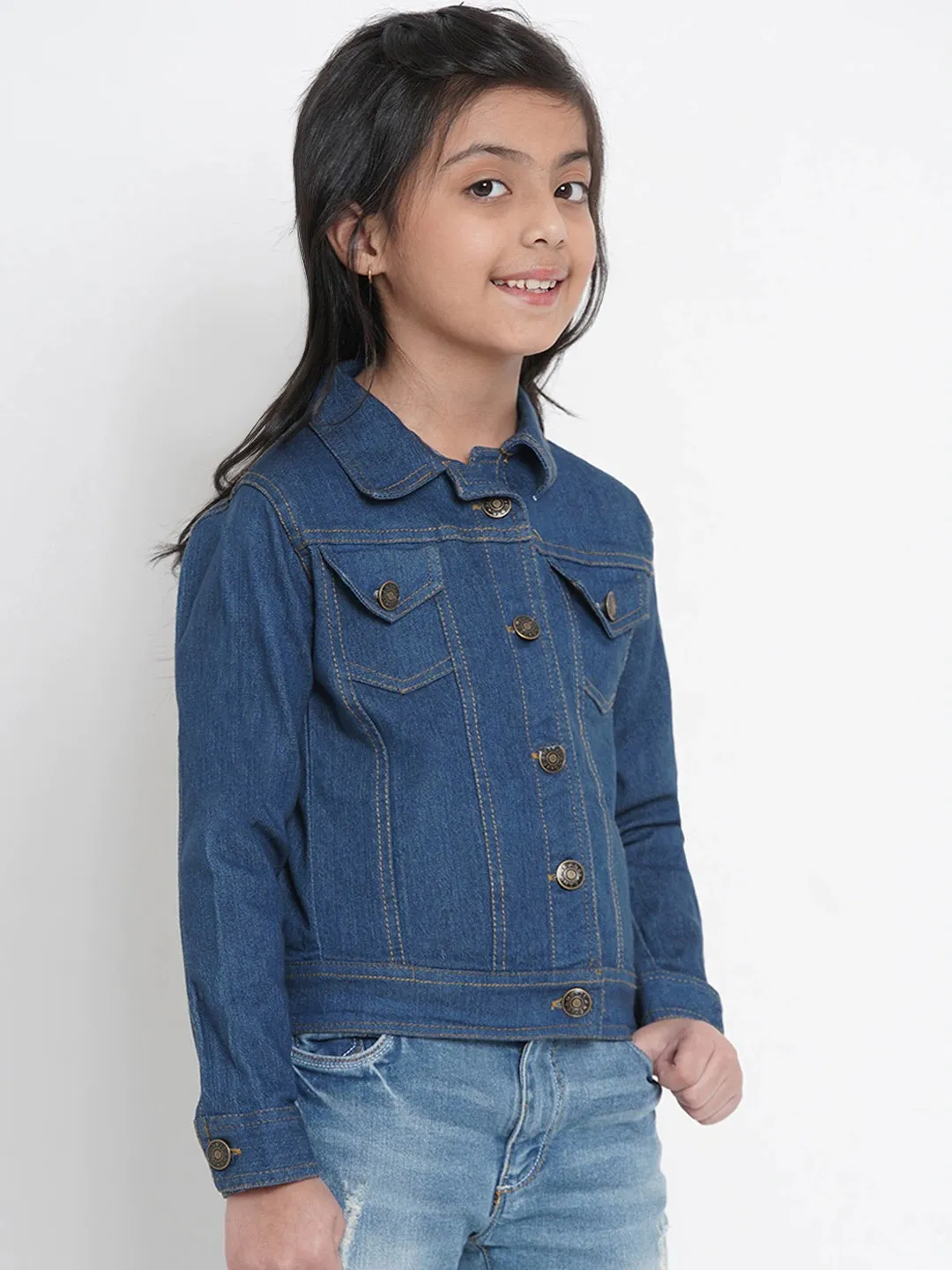 Girl's Blue Denim Solid Jacket Top  - NOZ2TOZ KIDS