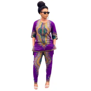 Women Fashion Casual Dashiki Print Tops Pants