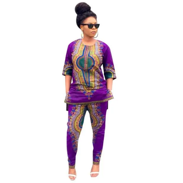Women Fashion Casual Dashiki Print Tops Pants